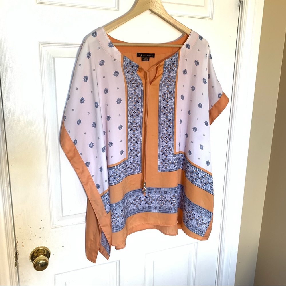 Love & Legend Boho Tunic Top Orange Blue Size 1X Flowy Casual Summer